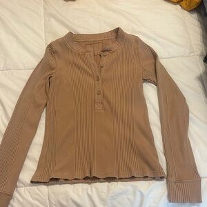 Aerie Tan Ribbed Long Sleeve Polo Top
